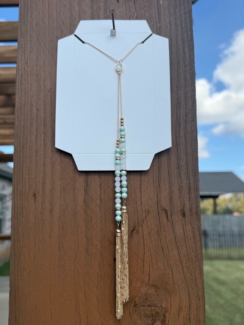 Romolo Elegant Gold Tone Beaded & Iridescent Long Lariat Necklace w Tassel NWT!